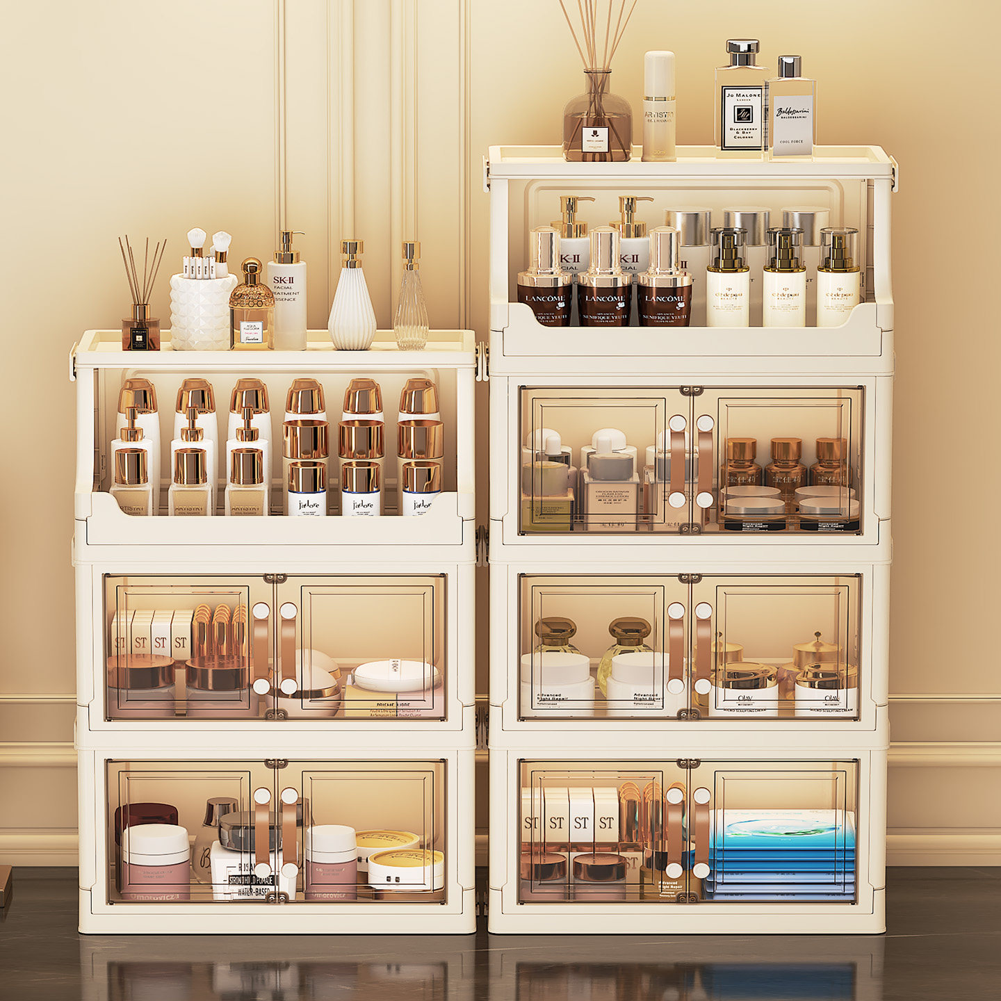 Luxury Skincare Organizer - กล่องเก็บเครื่องสำอางแบบหลายชั้นสำหรับวางบนโต๊ะเครื่องแป้ง กล่องจัดระเบียบลิปสติก น้ำหอม และเครื่องสำอางสุดหรู ชั้นวางโชว์เครื่องสำอาง
