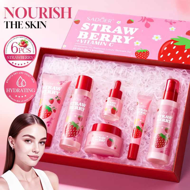 Luxury Skincare Gift Set For Women - ชุดผลิตภัณฑ์บำรุงผิวหน้า 6 ชิ้น สตรอว์เบอร์รี วีซี ไบรท์เทนนิ่ง