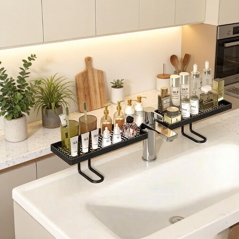 Luxury Skincare Organizer - ชั้นวางของอ่างล้างหน้าแบบเรียบหรู ไม่ต้องเจาะผนัง สำหรับจัดเก็บอุปกรณ์อาบน้ำและผลิตภัณฑ์บำรุงผิว