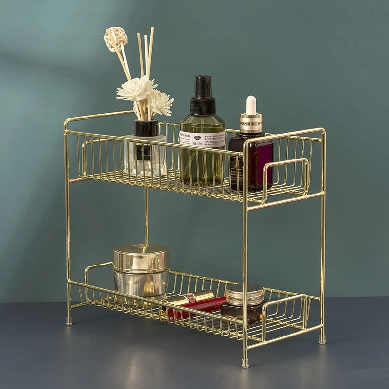 Luxury Skincare Organizer - ชั้นวางเครื่องสำอางโลหะสีทองสุดหรู กล่องเก็บของบนโต๊ะ สำหรับจัดเก็บอุปกรณ์ดูแลผิวและของใช้ต่างๆ ชั้นวางจัดระเบียบโต๊ะเครื่องแป้งและห้องแต่งหน้าแบบหลายชั้น